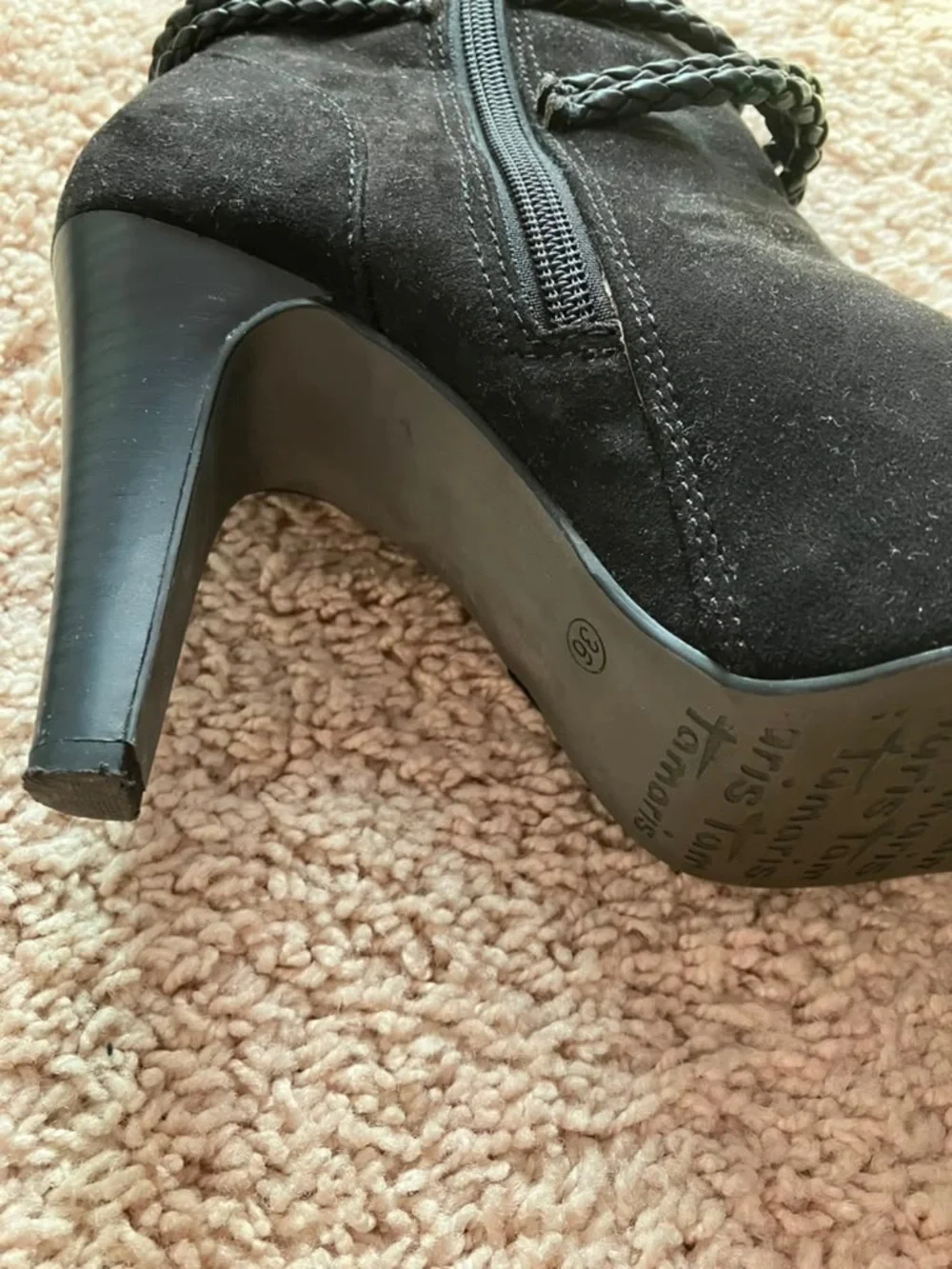 Tamaris Women's Black Suede Leather Ankle Booties with Braided Strap Detail